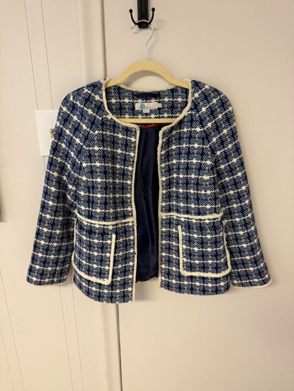 Boden Ida Textured Jacket Navy Ivory Fringe Trim US 4